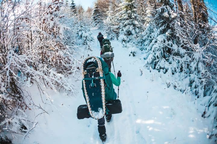 Eine Gruppe Schneeschuhwanderer während einer Tour in der Winterlandschaft